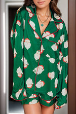 Santa Collared Neck Long Sleeve Top and Shorts Lounge Set - Ladyez