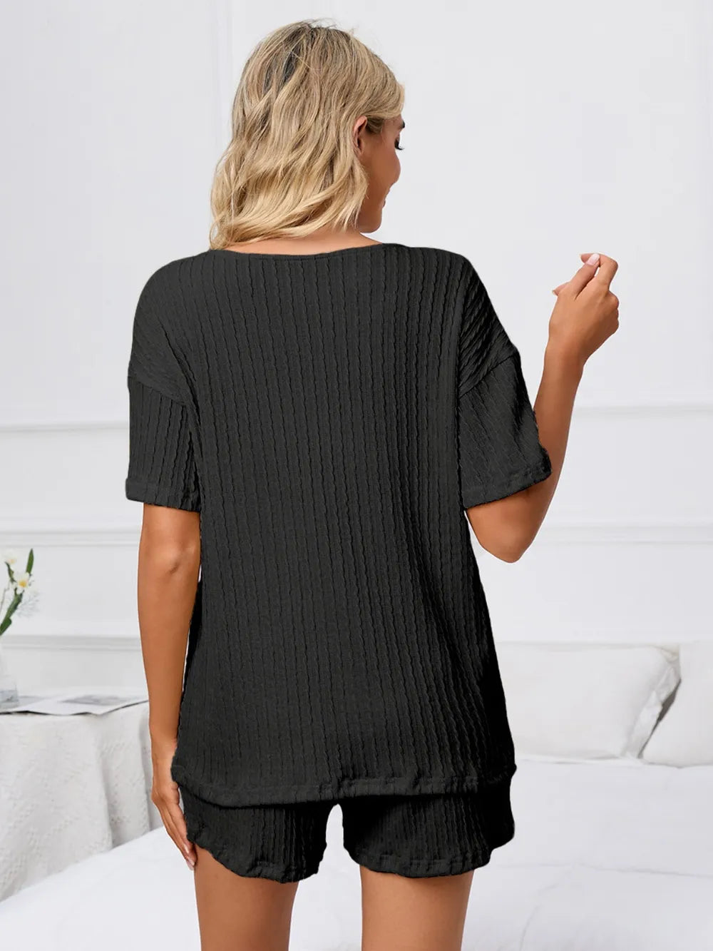 Notched Short Sleeve and Shorts Lounge Set - Ladyez