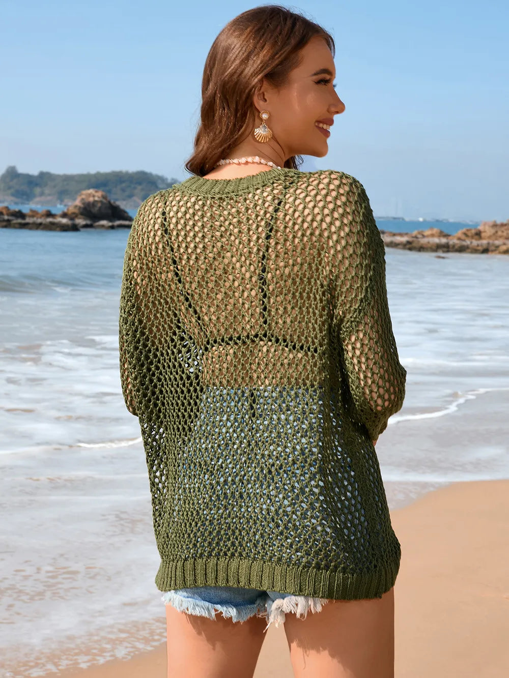 Heart Openwork Long Sleeve Cover-Up - Ladyez