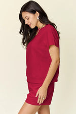 Double Take Full Size Texture Short Sleeve T-Shirt and Drawstring Shorts Set - Ladyez