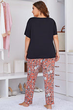 Plus Size Contrast Round Neck Tee and Floral Pants Lounge Set - Ladyez
