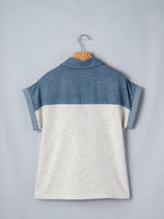 Color Block Denim Patchwork Button Polo Collar Short Sleeve Top