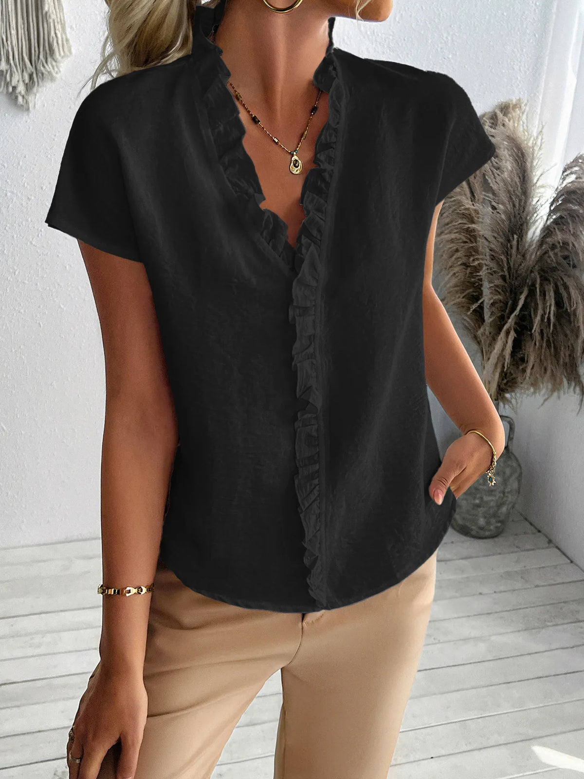 Ruffled V-Neck Short Sleeve Blouse - Ladyez