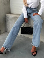 High-Waist Wash Raw Hem Jeans - Ladyez