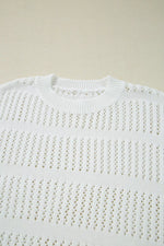 3/4 Sleeve Open Knit Mesh Detail Pullover Sweater