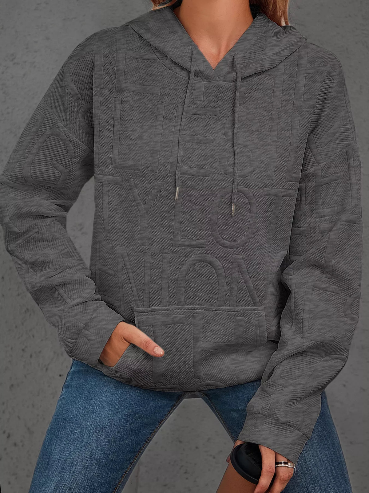 Full Size Textured Embossed Long Sleeve Hoodie Plus Size