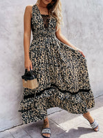 Leopard Print Sleeveless Maxi Dress with Lace Trim