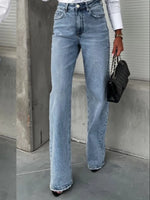 High-Waist Wash Raw Hem Jeans - Ladyez