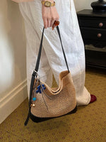 Leather Trim Woven Shoulder Bag