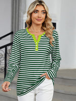 Striped Notched Long Sleeve T-Shirt - Ladyez