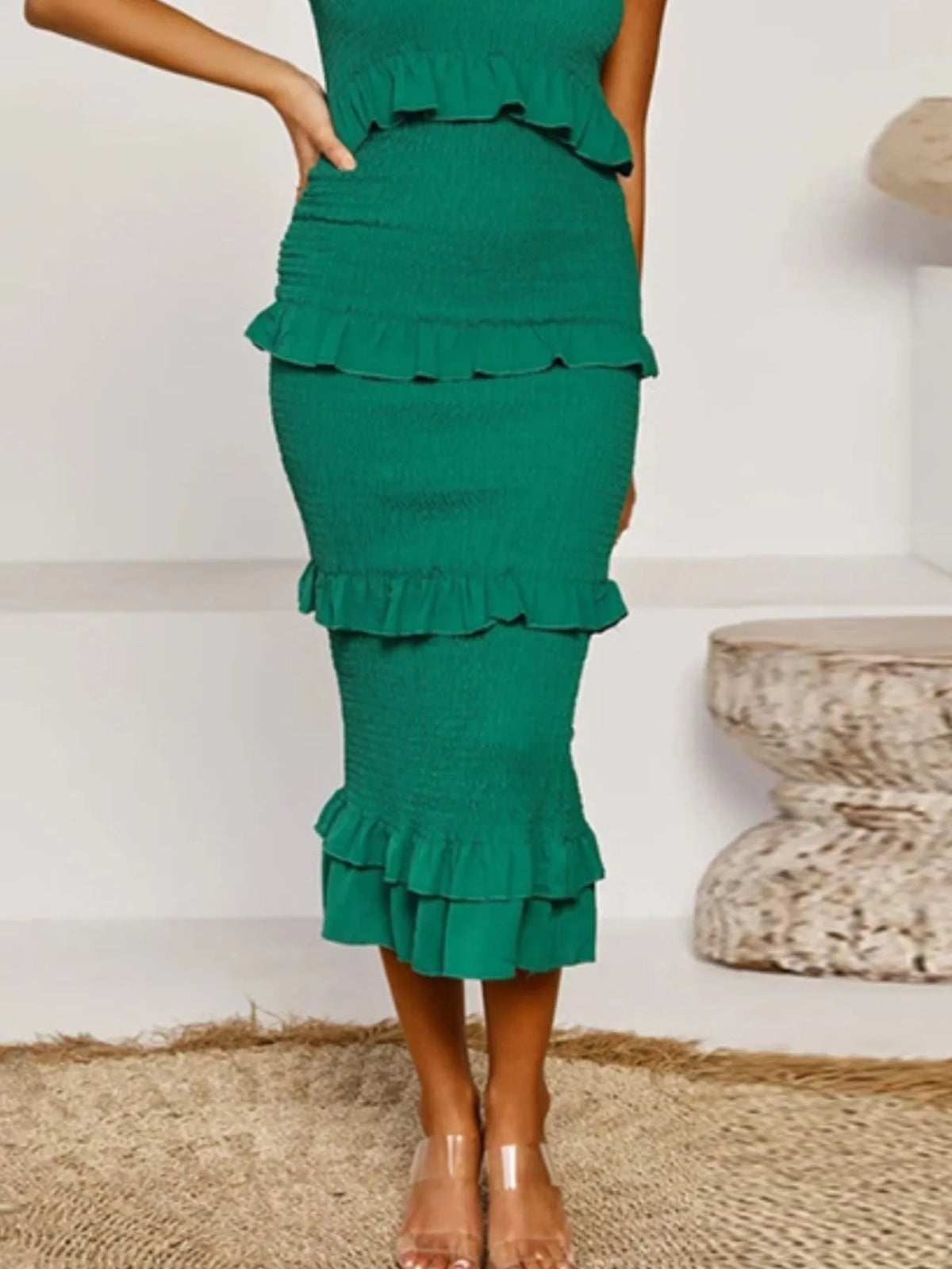 Smocked Ruffled Midi Cami Dress - Ladyez