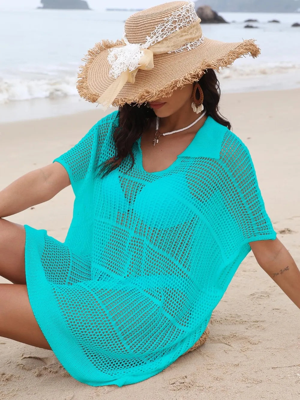 Hollow Out Collared Neck Cover-Up - Ladyez