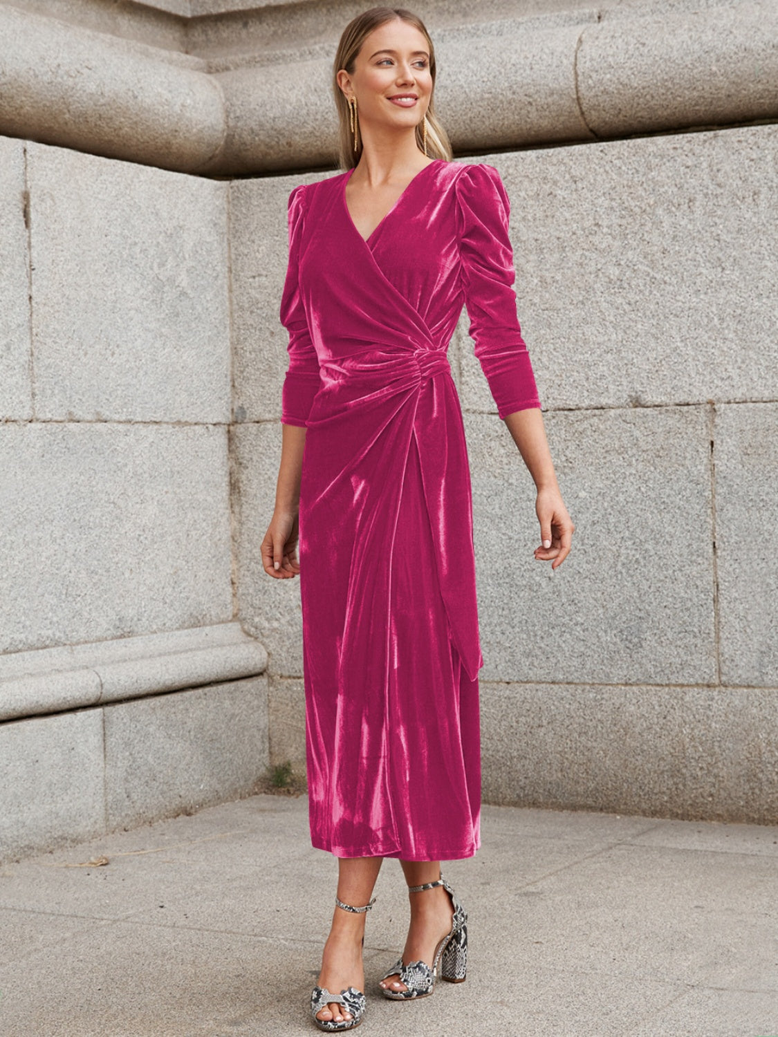 Surplice Puff Sleeve Midi Dress - Ladyez