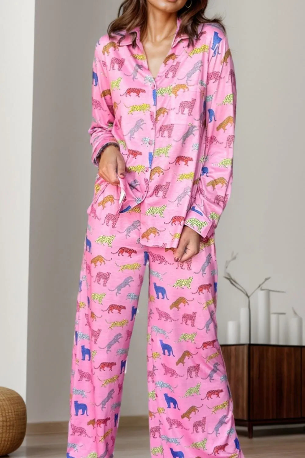 Pocketed Printed Top and Pants Lounge Set - Ladyez
