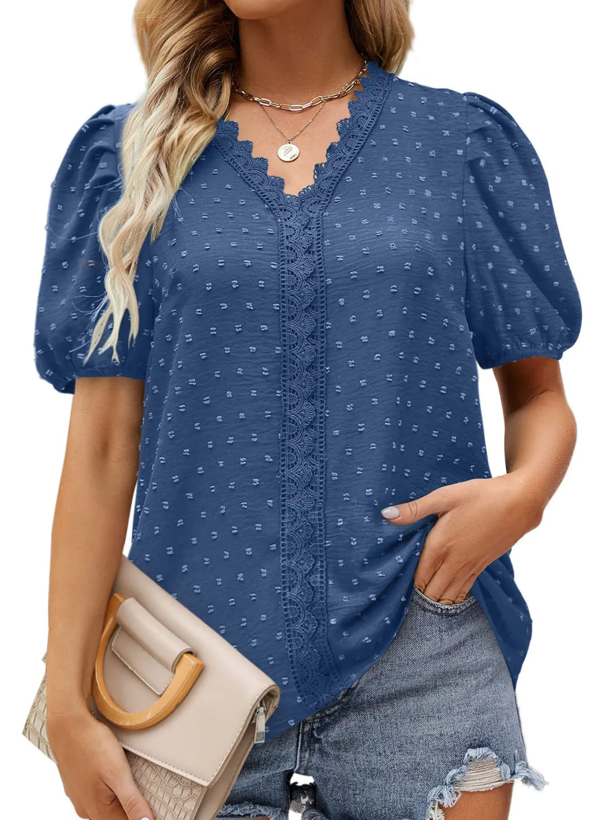 Puff Sleeve Swiss Dot Lace Trim Blouse