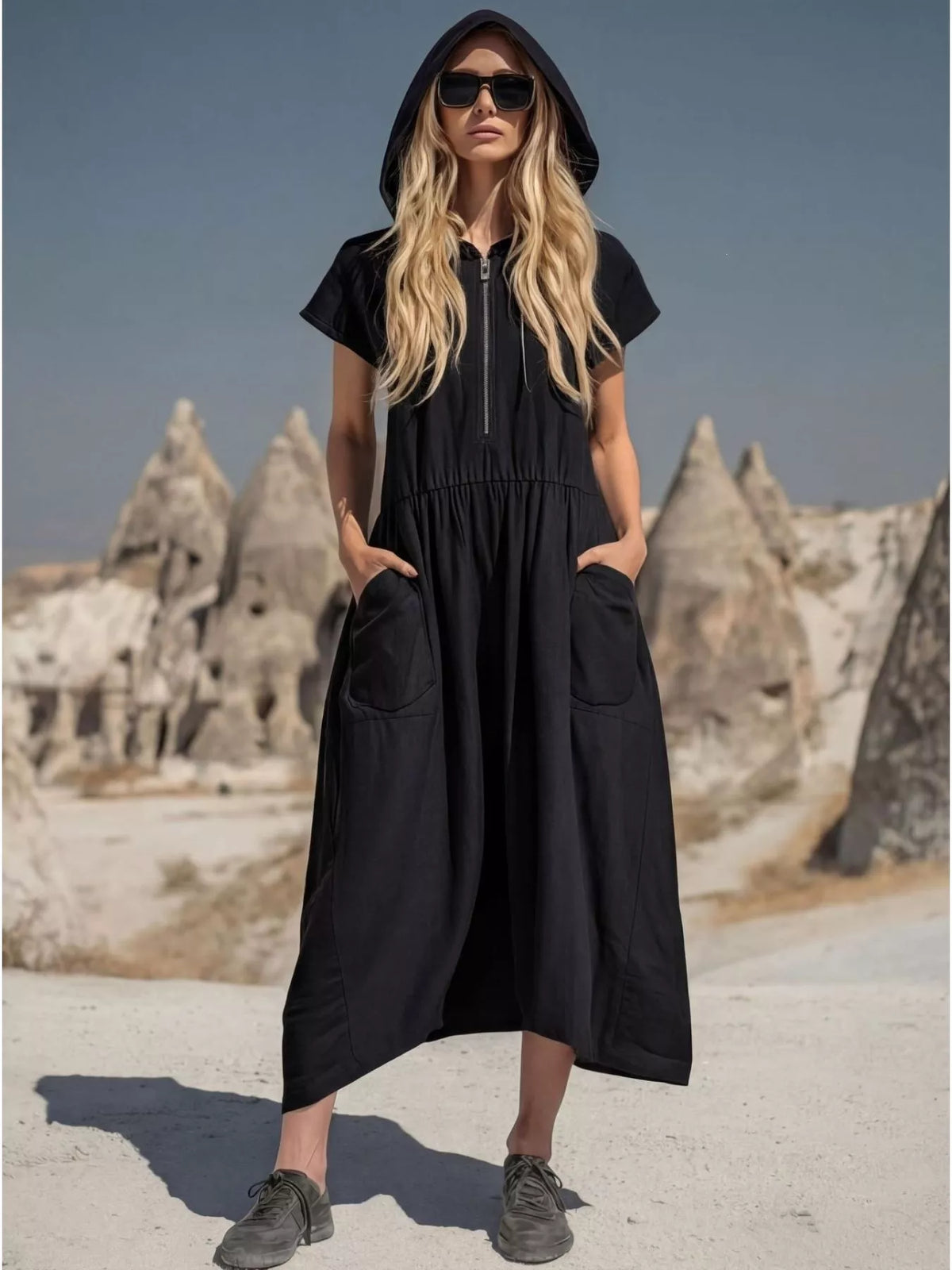 Full Size Hooded Midi Dress with Zipper and Pockets Plus Size