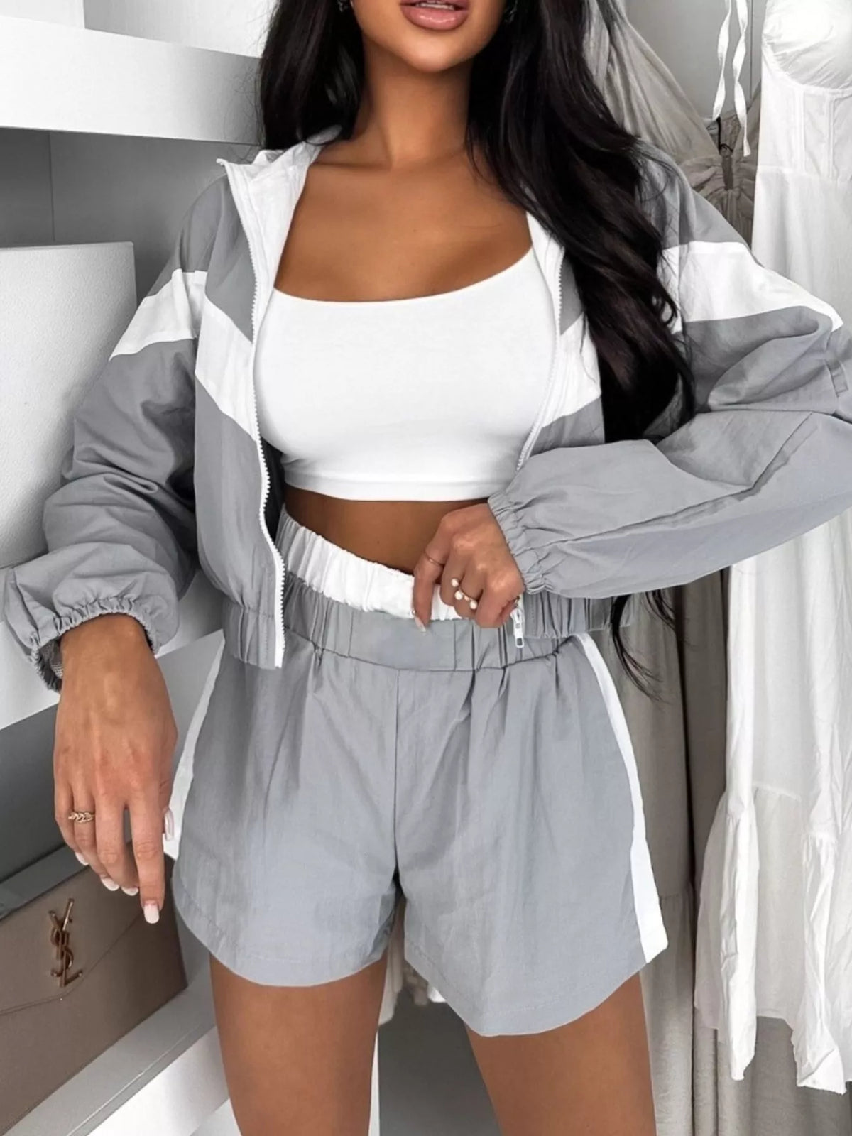 Color Block Zip-Up Jacket and Shorts Two-Piece Set