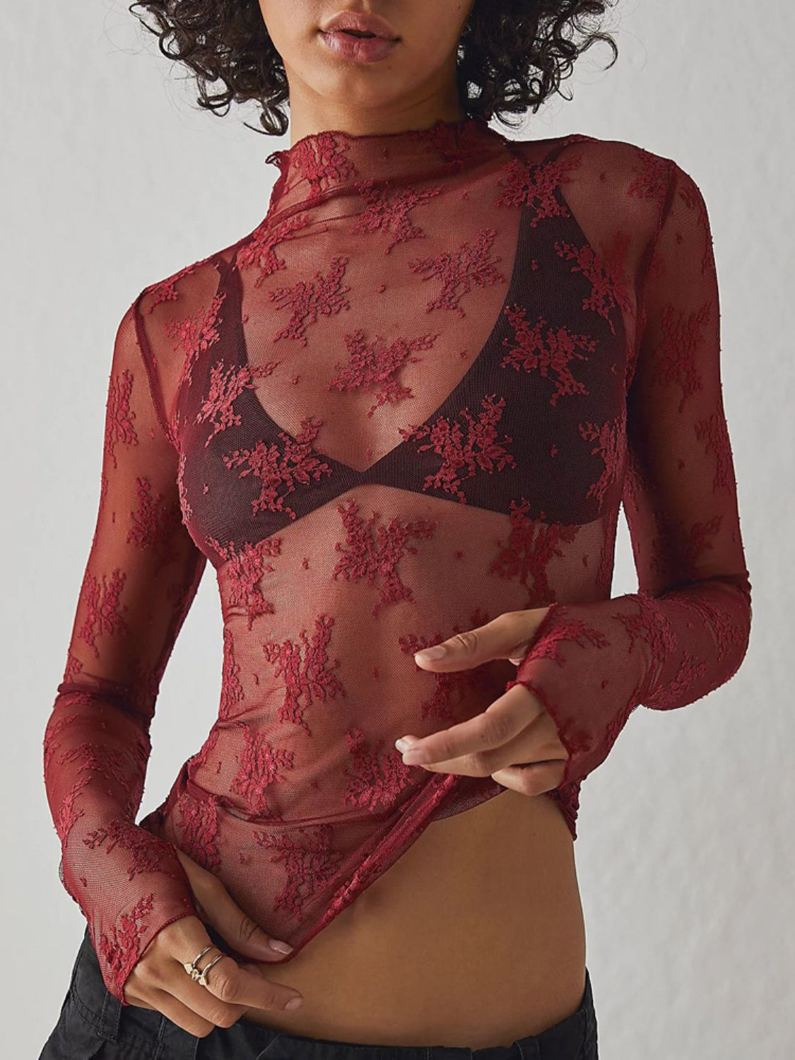 Lace Mock Neck Long Sleeve Blouse - Ladyez
