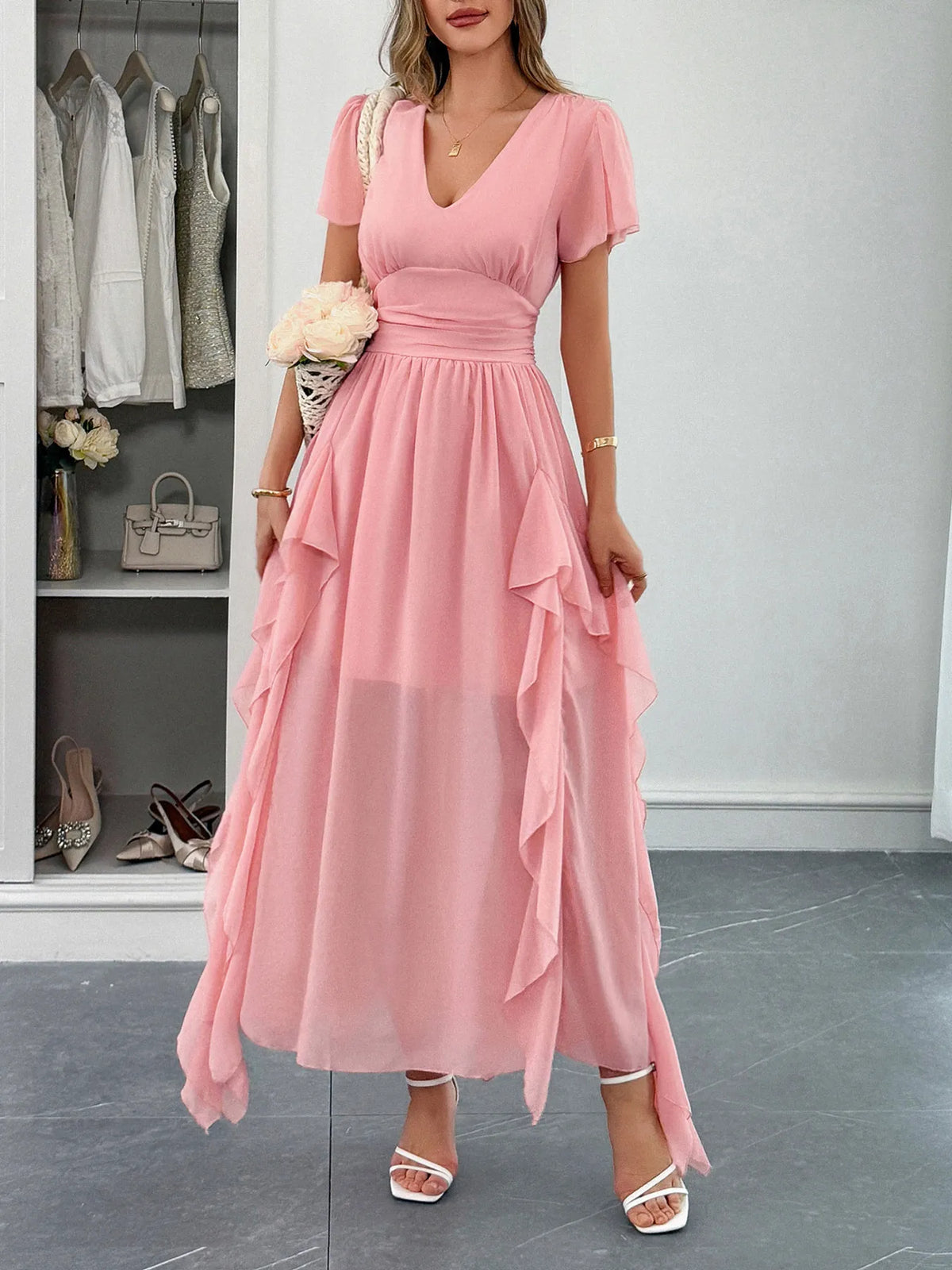 V-Neck Flutter Sleeve Dress - Ladyez