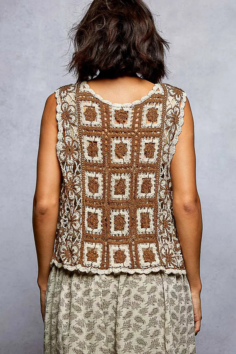 POL Tie Front Floral Pattern Crochet Vest with Scalloped Edge