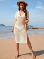Slit Openwork Johnny Collar Short Sleeve Cover-Up - Ladyez