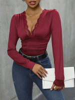 Perfee Lace Detail Plunge Long Sleeve Bodysuit - Ladyez
