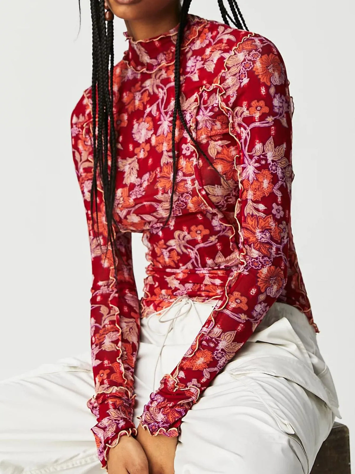 Floral Print Mock Neck Long Sleeve Top - Ladyez
