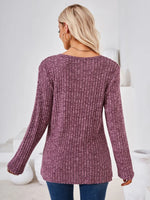 Ribbed Buttoned Round Neck Slit T-Shirt