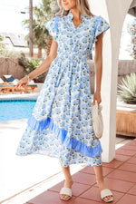 Hydrangea Floral Print Ruffle Trim Flutter Sleeve Dress