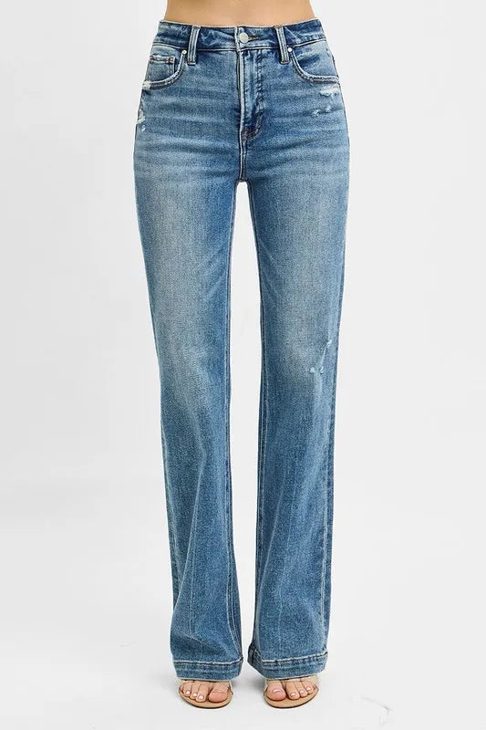 RISEN Full Size Distressed Detail Bootcut Jeans Plus Size - Ladyez