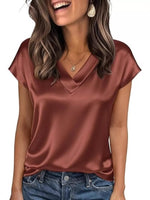 Satin V-Neck Short Sleeve Blouse