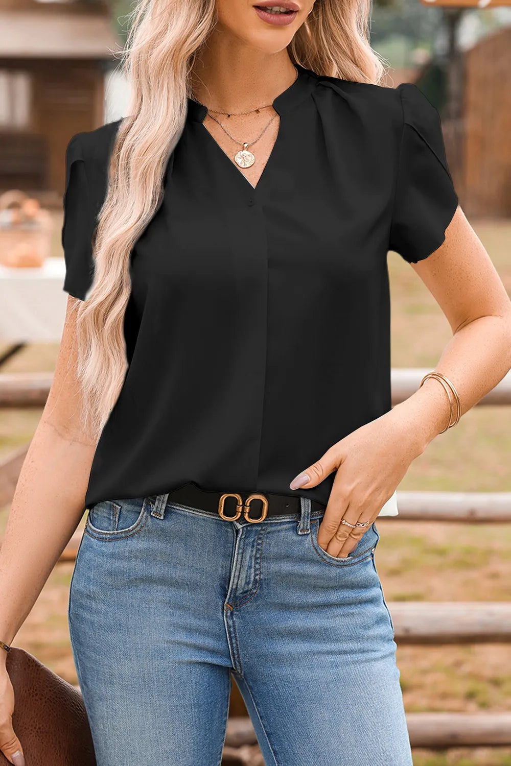 Short Sleeve Notched Blouse - Ladyez