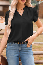Short Sleeve Notched Blouse - Ladyez