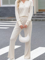 Collared Split Neck Ribbed 2pcs Outfit Set