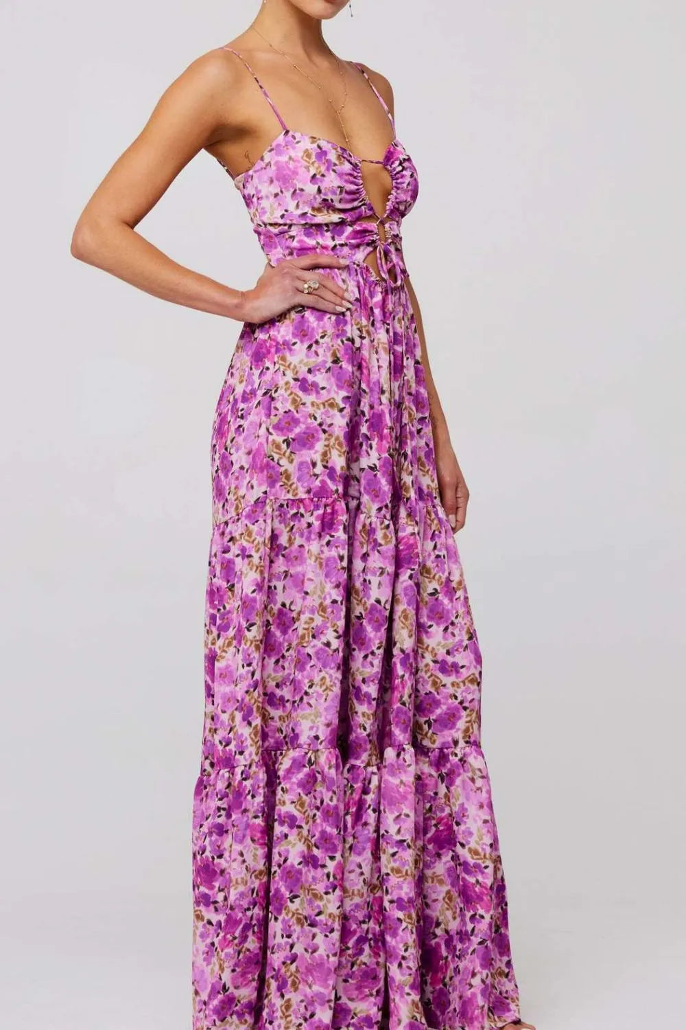 Floral Print Tie Front Tiered Maxi Dress - Ladyez
