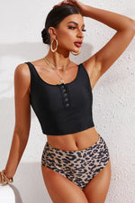 Half Snap Square Neck Tankini Set - Ladyez