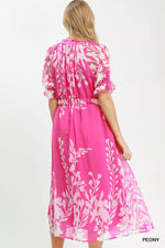 Umgee Floral Print Tie Waist Midi Dress with Side Pockets