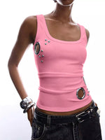 Ribbed Tank Top with Metal Grommet Cutouts and Stud Embellishments