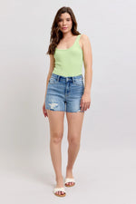 Judy Blue Full Size High Waist Denim Shorts W/stitch Over Destroy Detail Plus Size - Ladyez