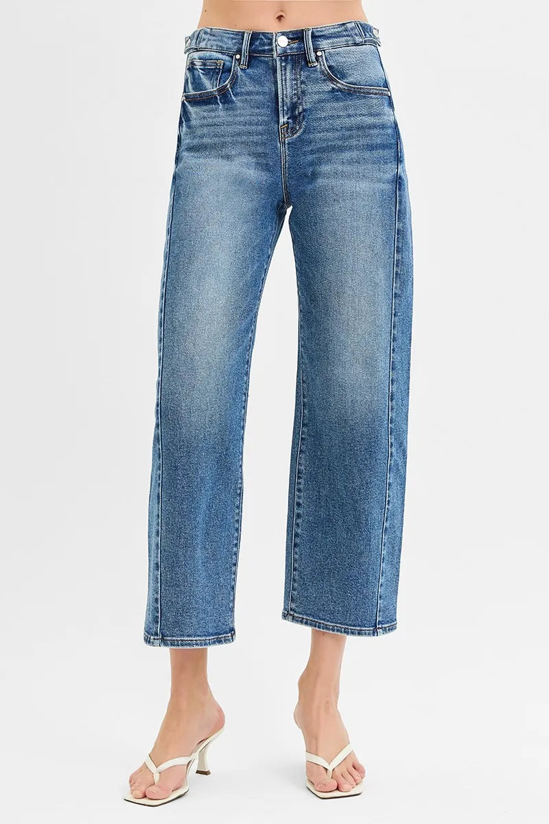 RISEN High Rise Crop Length Barrel Adjustable Waist Band Jeans - Ladyez