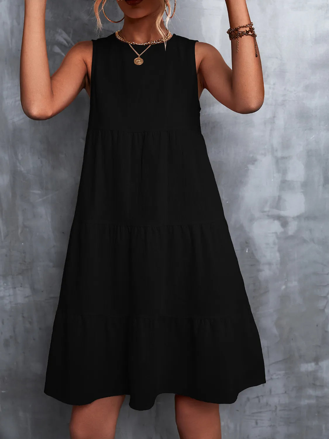Tiered Round Neck Sleeveless Mini Tank Dress - Ladyez