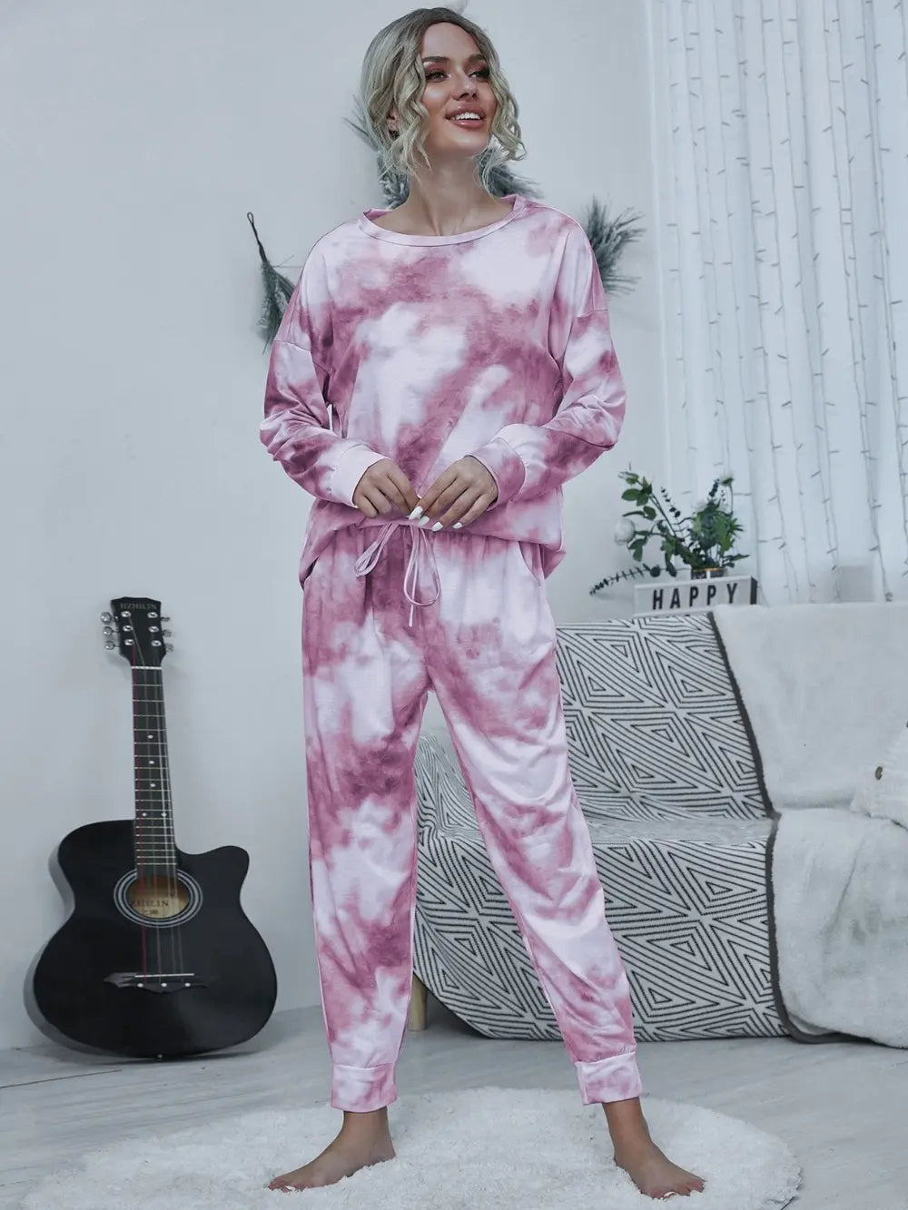 Shiny Tie-dye Round Neck Top and Drawstring Pants Lounge Set - Ladyez