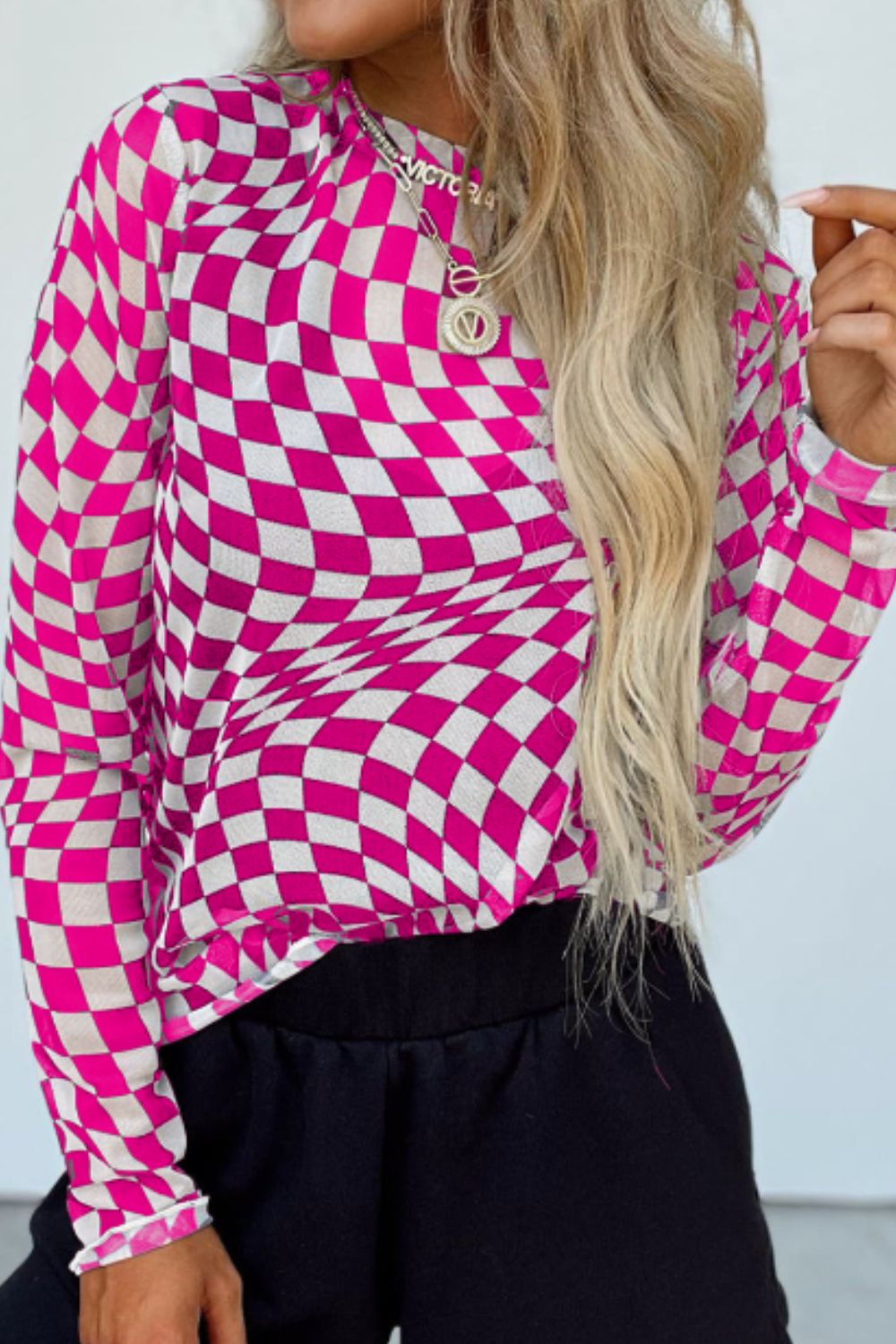 Checkered Mock Neck Long Sleeve Blouse - Ladyez