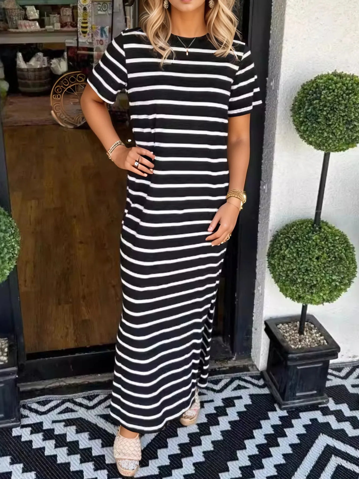 Full Size Striped T-Shirt Maxi Dress with Side Slit Plus Size - Ladyez