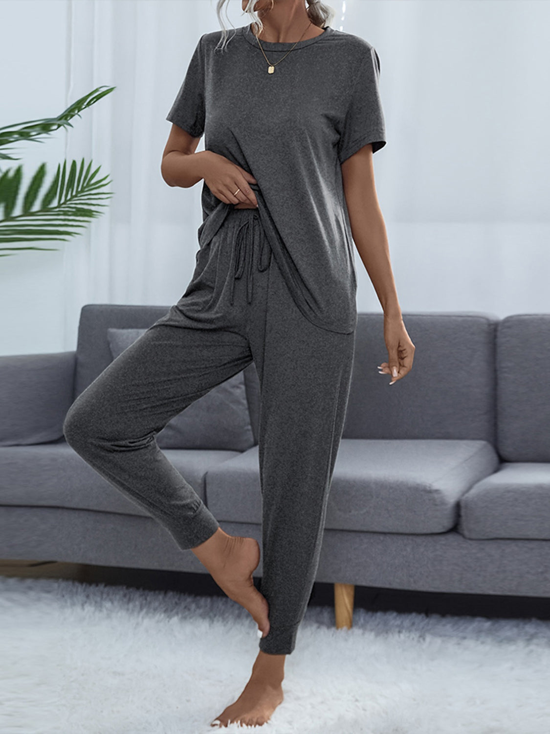Shiny Round Neck Short Sleeve Top and Pants Set - Ladyez