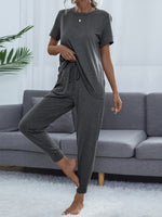 Shiny Round Neck Short Sleeve Top and Pants Set - Ladyez