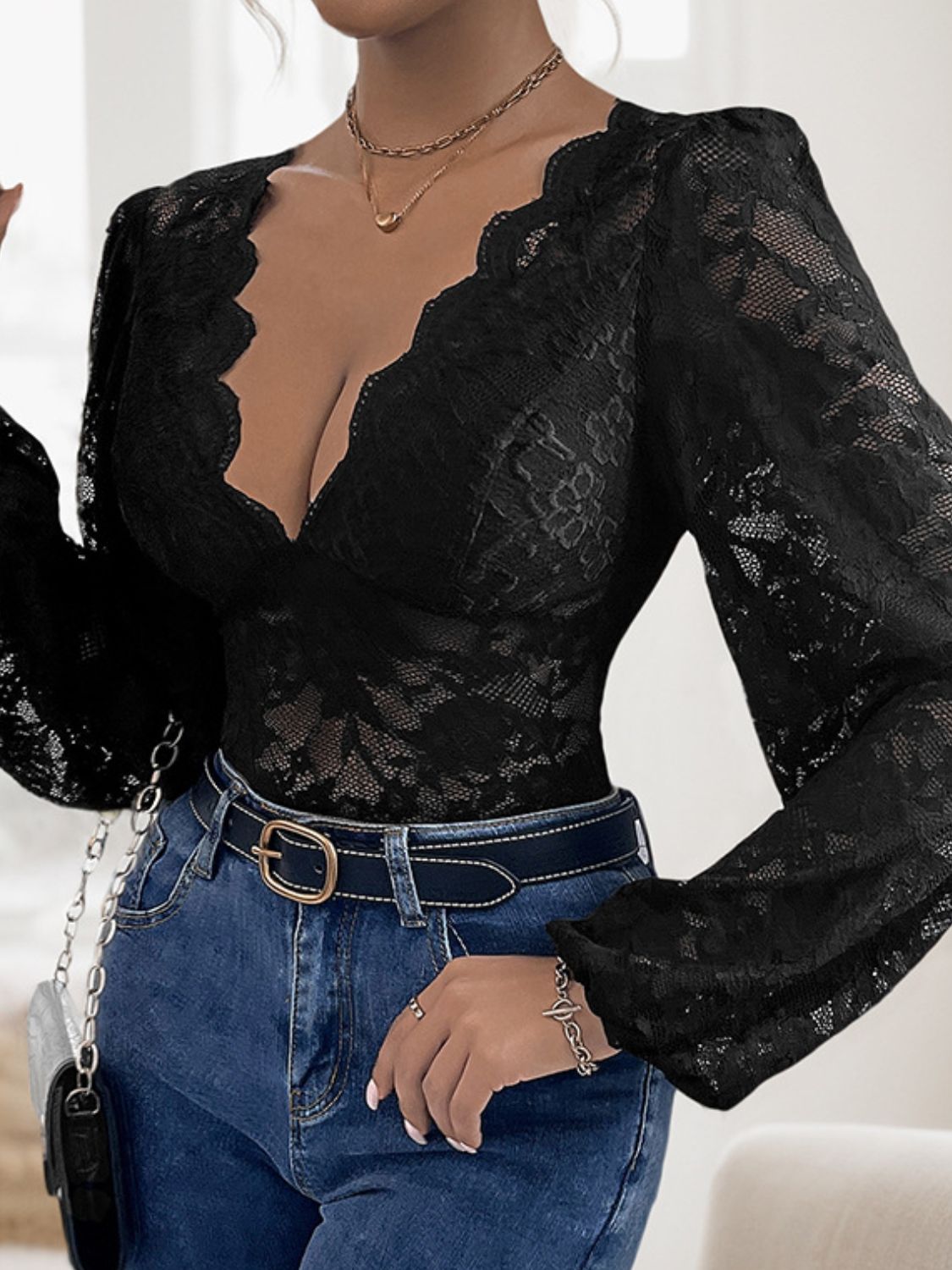 Perfee Lace Plunge Long Sleeve Bodysuit - Ladyez