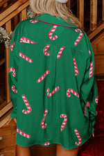 Candy Cane Collared Neck Long Sleeve Top and Shorts Lounge Set - Ladyez