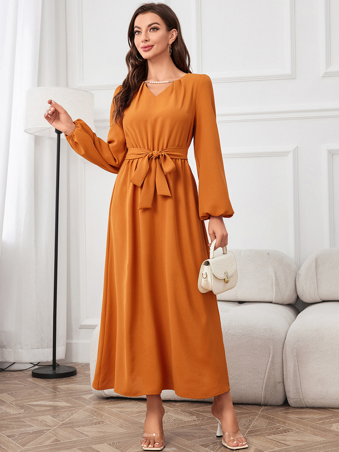 Tie Waist Puff Sleeve Maxi Dress - Ladyez
