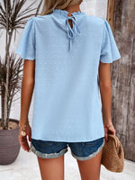 Devine Swiss Dot Smocked Round Neck Short Sleeve Blouse